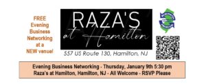 Free Evening Business Networking January 9 2025 at Raza's at Hamilton NJ